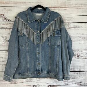 Womens Veveret Light Wash Denim Jean Jack Western Rhinestone Fringe Festival M